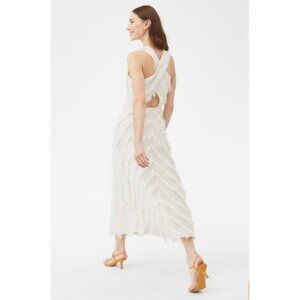 Rebecca Taylor Bias Fringe Cream V-Neck Midi Dress